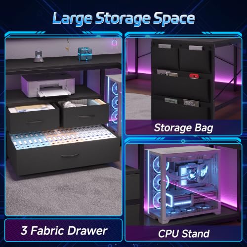 busyeah U-Shaped Gaming Desk with Storage Shelves & 3 Drawers, Black | Reversible Computer Desk with LED Lights & Charging Station, Gaming Desk with Hutch and Pegboard for Home Office, Gamers - color: Black