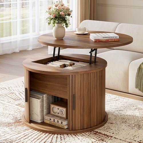Round Lift Top Coffee Table, 23.6" Fluted Drum Coffee Table with Large Hidden Storage for Living Room, Center Table with Sliding Rolling Door for Small Spaces, Apartment, Home Office, Brown - color: Brown