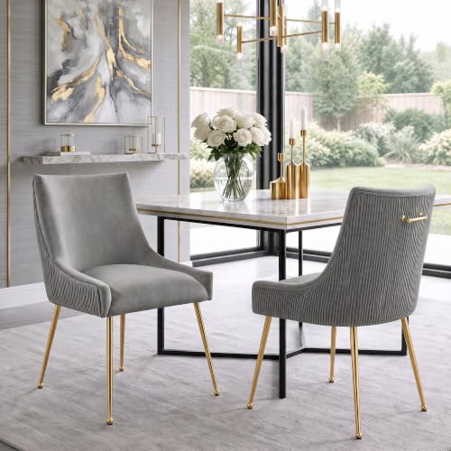 WUTUTUEE Velvet Dining Chairs Set of 2 Gold Legs,Upholstered Velvet Accent Chairs, Pleated Back Design & Gold Pull Handle, Mid Century Modern Chairs for Dining/Kitchen/Living Room,Light Grey - color: Light Grey, size: Set of 2