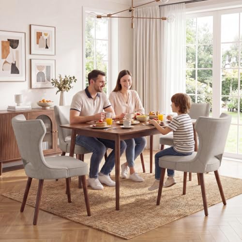 Wooden Dining Chairs Set of 6, Mid Century Dining Room Chairs with Solid Wood Legs, Upholstered Fabric Kitchen Chairs with Ergonomic Curved Backrest for Kitchen Dining Room, Camel - color: Camel, size: Set of 6