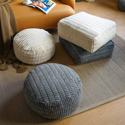 Round Ottoman Pouf Cover Bean Bag Foot Rest, Beige | Cover Only, 20x20x8 In, Soft Corduroy, Ribbed Texture, Living Room, Bedroom, Reading Nook - color: Beige