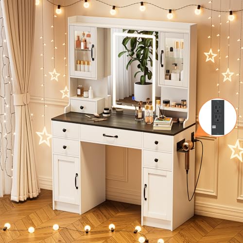 Vanity Desk with Mirror and LED Lights & Power Outlet | Large Makeup Vanity Table with 5 Drawers and 4 Storage Cabinets, White Dressing Table for Bedroom - size: 044 Pure White