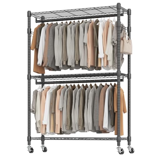 BATHWA Heavy Duty Rolling Clothes Rack with Wheels, 640 lb Hanger Rack & Garment Rack, 25mm Metal Freestanding Portable Closet, 2 Rods + Adjustable Shelves for Hanging Clothes - color: Black, size: Upgraded & Large