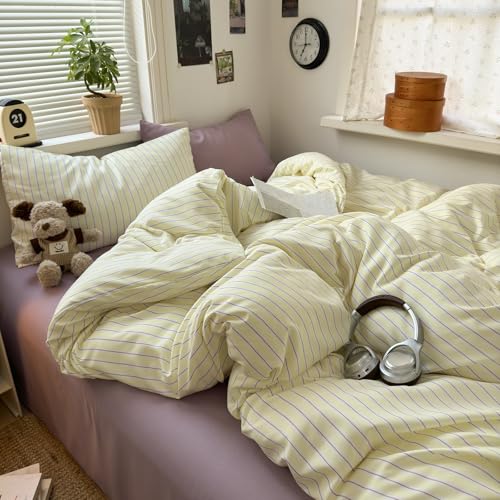 mixinni Pastel Yellow Lavender Striped Duvet Cover Set Twin, Soft Premium Washed Microfiber Aesthetic Stripes Comforter Cover with Hidden Zipper & Corner Ties, 3 Piece Sweet Teen Bedding for Girls - color: 04 - Cream Yellow Lilac Stripes, size: Twin(68" x