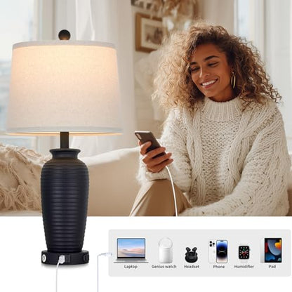 CINSARY 25" Retro Black Farmhouse Jar Table Lamps, 3 Way Touch Control Rustic Bedside Lamps with USB A+C Ports & AC Outlet, Pot Nightstand Lamps for Bedroom Living Room (LED Bulbs Included) - color: Retro Black-1Pack