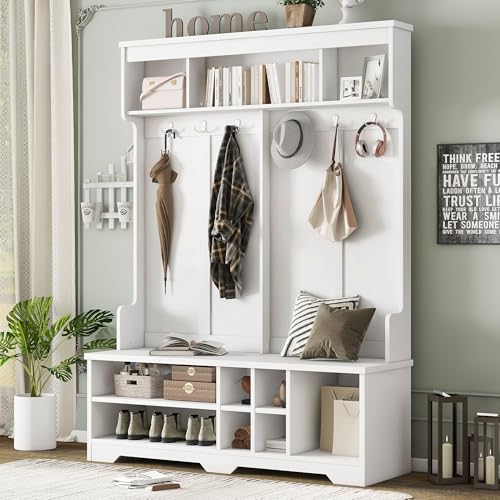 60 inch Hall Tree with Bench and Shoe Storage, Shelf, Wood Hall Tree with 6 Hooks/Mudroom Bench with Storage and Hooks, Hall Trees for Entryway, Hallway, Living Room - color: White, size: 60 inch