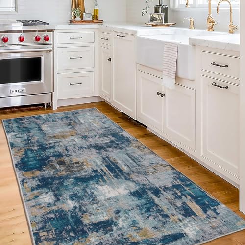 ReaLife Machine Washable Area Rug Runner - Living Room Bedroom Bathroom Kitchen Entryway Office - Padded Low Pile Stain Resistant Premium - Modern Abstract Colorful - ASA - Blue 2'6" x 6' - color: Abstract Modern - Blue, size: 2'6" x 6' (Rectangular)