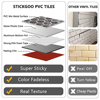 STICKGOO Hexagon Peel and Stick Backsplash Tile, Stick on Backsplash for Kitchen and Bathroom, Black Slate Look PVC Mixed Metal Silver Self Adhesive Wall Tiles(10 Sheets, Seamless) - color: Black Slate with Metal Silver