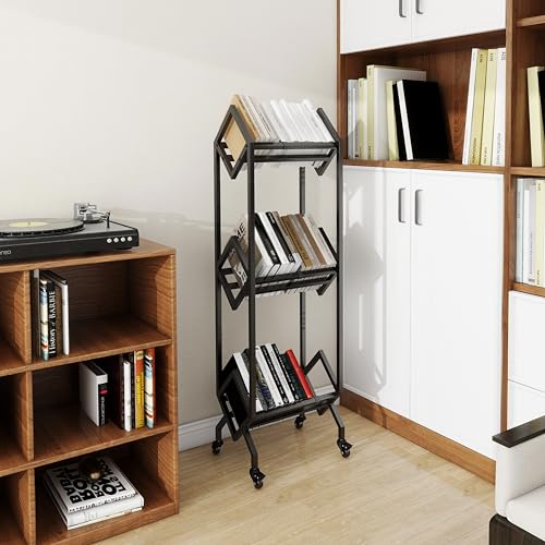 VENNQD Bookshelf Book Cart Rack Industrial Metal Bookcase 3 Tier Holder with Wheels Modern Stylish Design Magazines Files Album Recipe Book Storage Organizer for Sofa End Bed Beside (3 Tier)
