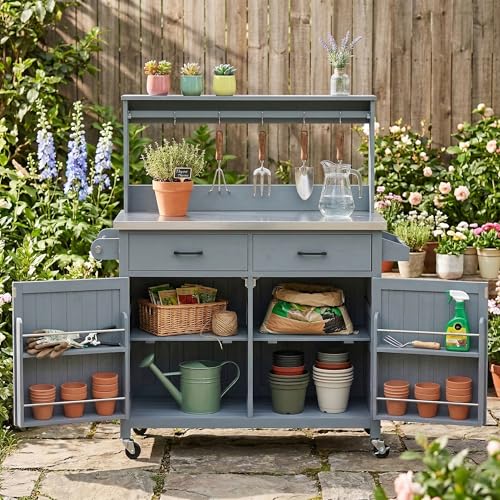 54.1" Outdoor Kitchen Island with High Shelf, Stainless Steel Top & Lockable Wheels, Solid Wood Grill Cart for BBQ, Potting Bench with Storage Cabinet & Adjustable Shelves (54.1" Grey Blue) - color: 54.1" Grey Blue