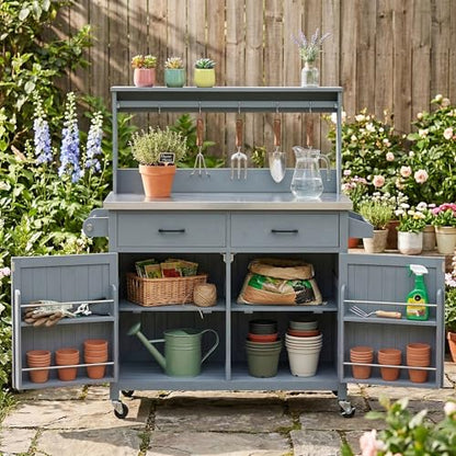 54.1" Outdoor Kitchen Island with High Shelf, Stainless Steel Top & Lockable Wheels, Solid Wood Grill Cart for BBQ, Potting Bench with Storage Cabinet & Adjustable Shelves (54.1" Grey Blue) - color: 54.1" Grey Blue