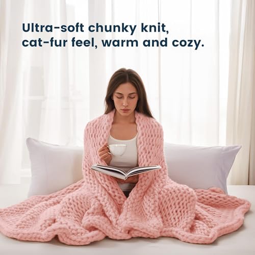 SLEEP ZONE Throw Blanket for Couch - Chunky Knit Hollow Blanket, Throw Blankets for Bed, Handmade Long Plush Cat Yarn, Soft Fluffy Knit Blankets Home Decor (Pink, 50x60in) - color: Pink, size: 50*60