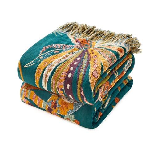 Boho Throw Blanket - Soft Organic Cotton, Twin Size Blankets, Summer | 60"x80" Couch Blanket, Lightweight Cozy Breathable Gauze, Vintage Rustic Farmhouse, Reversible Floral Woven, Machine Washable - color: 22-green, size: 60"x80"