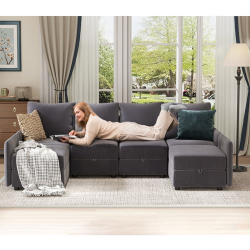 COMHOMA Convertible Sectional Sofa Couch Free Combination L/U Shaped Sofa with High Density Memory Foam Modular Oversized Cloud Couch for Living Room, Apartment and Small Space 6 Seaters - size: 4+2M