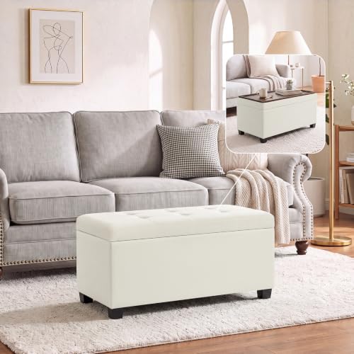 29.5" Cream White Linen Storage Ottoman with Reversible Tray | Upholstered Ottoman Coffee Table with Hidden Storage, Linen Foot Rest Ottoman for Living Room, Bedroom and Entryway - color: Beige
