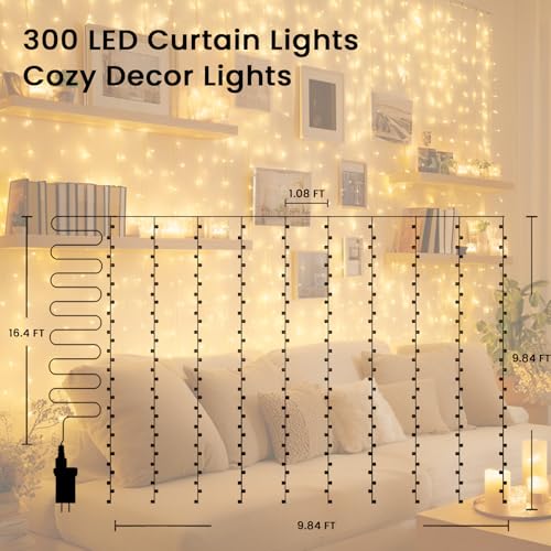 9.8x9.8Ft Curtain String Lights Plug in, 300 Warm White LED Curtain Lights with Remote,Timer,Memory,Waterproof Clear Wire for Indoor Outdoor Bedroom Window Decor - color: 300 LED