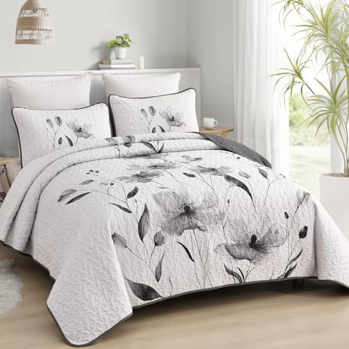 Mybedsoul Floral Quilt Set Queen Size, 3 Pieces Grey Bedspread Coverlet Set, Lightweight Farmhouse Botanical Bedding Set for Fall Winter All Season(96"x90") - color: Grey, size: Queen96"x90"