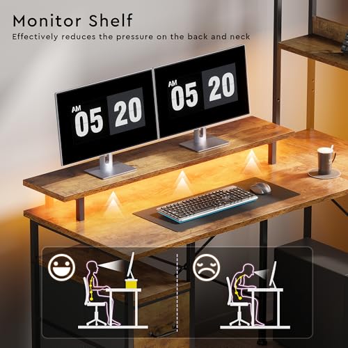 L Shaped Gaming Desk, Reversible with LED Lights, Shelves, Brown | Reversible, LED lights, Charging, Monitor stand - color: Rustic Brown2