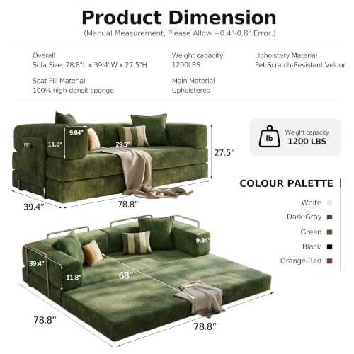 79" Convertible Futon Sofa Bed, Boneless Couch for Living Room | Pet scratch-resistant velour, dual-firmness full-block foam cushions, pull-out sleeper couch, no assembly, Green - color: Green, size: 78IN
