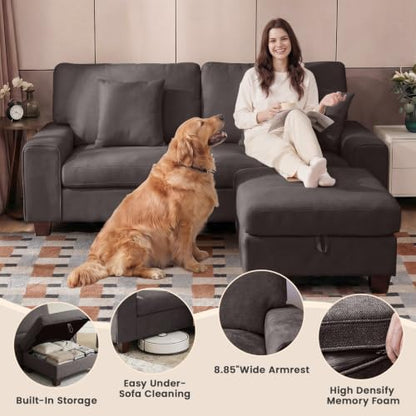DOPEDIO 88.58" L-Shaped Sectional Sofa with Storage Ottoman, Dark Grey | L-shaped sectional sofa with storage ottoman, chenille fabric, washable covers, pocket spring cushions, easy assembly - size: 88.58 inch-L, style: Dark Grey Chenille
