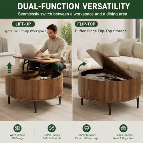 31.5" Round Coffee Table with Storage,Fluted Lift Top Center Table, Midcentury Modern Flip-top Curved Table for Living Room,Walnut