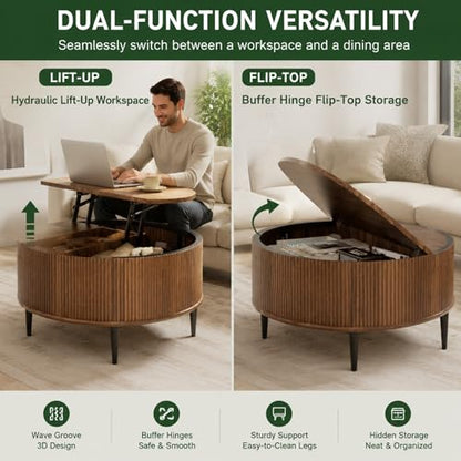 31.5" Round Coffee Table with Storage,Fluted Lift Top Center Table, Midcentury Modern Flip-top Curved Table for Living Room,Walnut