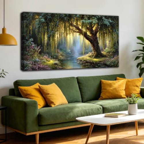 MXUNYZ Green Willow Tree Picture for Living Room Botanical Nature Painting | Large Canvas Art Print, Art Work for Living Room Walls,Modern Bedroom Home Office Decor 48x24 Inch - color: Green, size: 48"L x 24"W