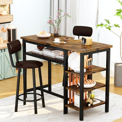 Recaceik 3 Piece Bar Dining Table Set, Modern Bar Table and Stools for 2, Kitchen Counter Height Dining Table Set with 4 Storage, Breakfast Nook Set Pub Table with Backrest - size: 47 inches