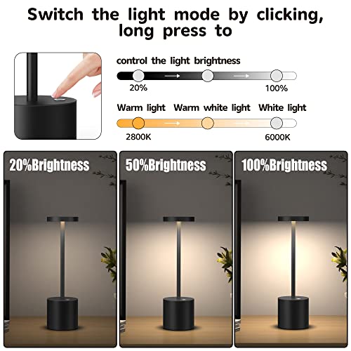 2Pack Cordless Table Lamp, Rechargeable LED Battery 5000mAh Metal USB Portable Powered Desk Lamp, 3 Levels Brightness Light for Restaurants Outdoor (2pack 10.25in Black) | Battery 5000mAh Metal USB Portable Powered Desk Lamp, 3 Levels Brightness Light for