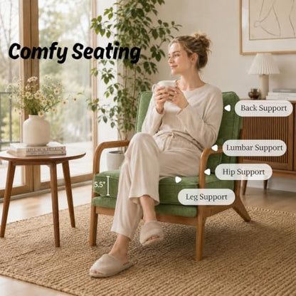 Karl home Mid-Century Modern Accent Reading Chair, Olive Green | Chenille Upholstered, Solid Wood Frame, Soft Cushion, Lumbar Pillow, Lounge Armchair for Living Room, Bedroom, Balcony, Study - color: Chenille Olive Green