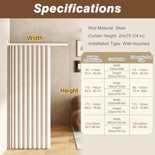 Curtains for Room Divider & Metal Support Pole,Floor to Ceiling Room Divider Wall,Folding Partition Curtain,Blackout Privacy Partition Panels,Wall Mounted Curtains Tracks(B,29.5-43.3in/75-110cm)
