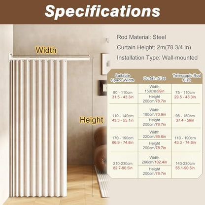 Curtains for Room Divider & Metal Support Pole,Floor to Ceiling Room Divider Wall,Folding Partition Curtain,Blackout Privacy Partition Panels,Wall Mounted Curtains Tracks(B,29.5-43.3in/75-110cm)