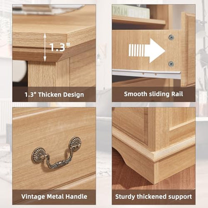 Farmhouse Night Stand with Charging Station, Natural | 2 Drawers End Tables Bedroom, Nightstand with Rustic Handles & Floor-Standing Thickened Foot & Open Shelf - color: Natural, size: 18"D x 18"W x 24"H (2 Drawers)