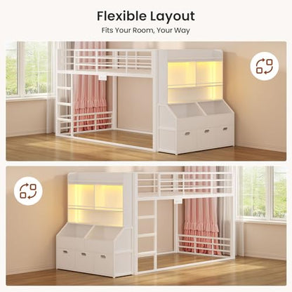 ADORNEVE Low Bunk Bed Twin Over Twin with Bookshelf, Drawers, White | Metal Floor Bunk Bed with RGB Lights, Charging Station, Toy Organizer, Safety Guardrail & Ladder, Small Space - color: White