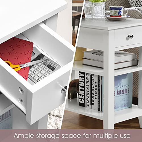 Narrow Side Table, 3-Tier Bedside Table with Drawer and Shelves, Tall Skinny Nightstand for Living Room, Bedroom, Small End Table for Small Spaces (2, White)