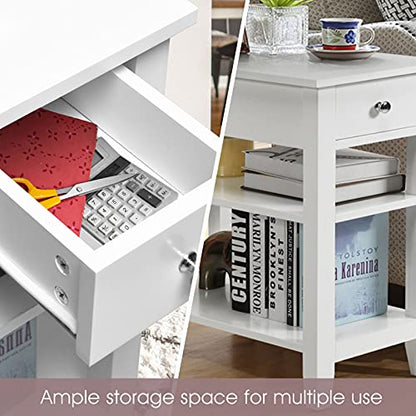 Narrow Side Table, 3-Tier Bedside Table with Drawer and Shelves, Tall Skinny Nightstand for Living Room, Bedroom, Small End Table for Small Spaces (2, White)
