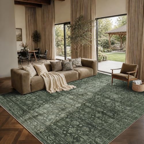 8x10 Dark Green Vintage Soft Low Pile Non Slip Boho Washable Area Rug | Stain Resistant Indoor Carpet, Easy to Clean, Large Rug for Living Room, Bedroom, Dining Room & Office Farmhouse Home Decor - color: Dark Green, size: 8' x 10' (Rectangular)