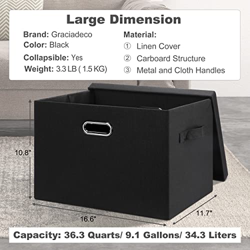 Graciadeco Large 17" 36 Quart Collapsible Stackable Storage Bins with Lids, 1 Pack Black Foldable Fabric Closet Storage Boxes with Lids, 4 Handles Heavy-duty Linen Cube Baskets for Bedroom | 36 Quart 1 Pack Black Collapsible Stackable Linen Fabric 4 Handl