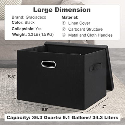 Graciadeco Large 17" 36 Quart Collapsible Stackable Storage Bins with Lids, 1 Pack Black Foldable Fabric Closet Storage Boxes with Lids, 4 Handles Heavy-duty Linen Cube Baskets for Bedroom | 36 Quart 1 Pack Black Collapsible Stackable Linen Fabric 4 Handl
