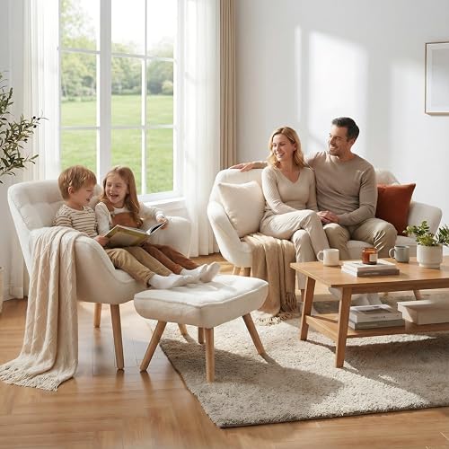 White Sherpa Accent Chair with Ottoman ，Modern Reading Chairs with Ottoman Set, Comfy Fuzzy Armchair Living Room Chair Lounge Chair with Wood Legs for Small Spaces Bedroom Apartment - color: White, size: Chair with Ottoman