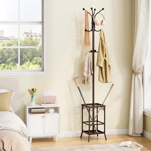Hoctieon Coat Rack Freestanding, Coat Tree with Umbrella Holder | Metal Coat Rack Stand with 12 Hooks, Standing Coat Hanger Stand, Umbrella Stand for Entryway, Hat Rack Stand for Home Office - color: Brown