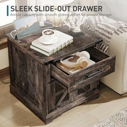Farmhouse End Table with Charging Station, 24" Large Sofa Side Table with Drawer, Large End Table for Living Room, Wooden Nightstand with Outlet, Square, Dark Rustic Oak - color: Dark Rustic Oak