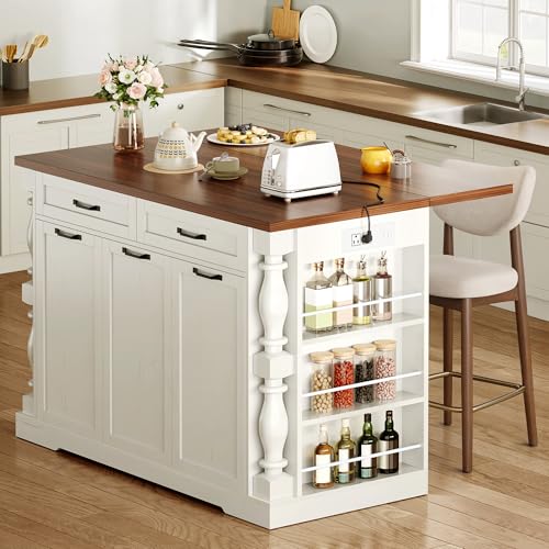 Kitchen Island with Drop Leaf, 47.6" Kitchen Island with Storage | with Power Outlet & Trash Bin Rolling Kitchen Cart with Spice Rack Island Table for Kitchen Breakfast Home Bar, Antique White