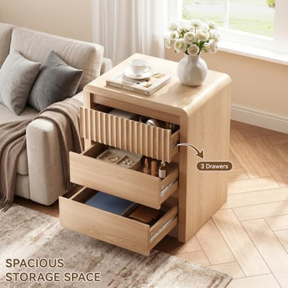 LYNSOM Fluted Nightstand Set of 2, Wood End Table with 3 Drawer, Oak | Mid Century Modern Night Stand with Stoarge, Bedside Table with Curved Profile Design for Living Room, Office, 20" W - color: Oak, size: 3 Drawers