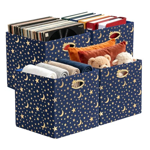 Posprica 13x13x13 Storage Cube Bins, Collapsible Storage Bins Fabric Storage Cubes Organizer Baskets Box Drawers for Shelves, Closet, Wardrobe, Bookshelf, Cabinet, Blue-Moonstar, 4 Pack - color: Blue-Moonstar, size: 13×13×13/4pcs