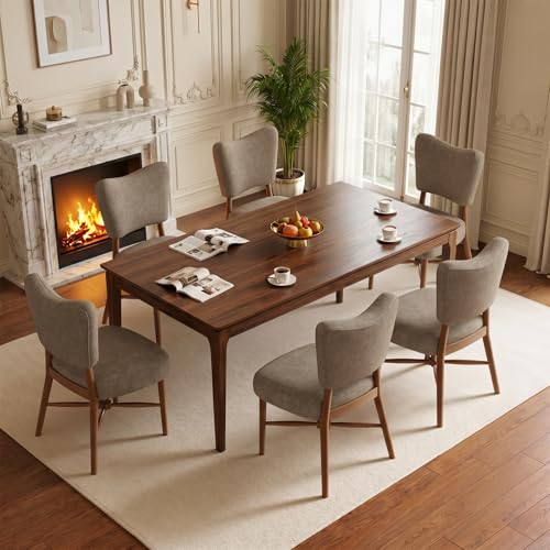 Dining Chairs Set of 6, Linen Upholstered, Solid Wood Legs, Brown | Mid Century Farmhouse, Cross-Brace Reinforced, Padded Cushion, Easy 15-Min Assembly, Kitchen Dining Room - color: Brown, size: Set of 6