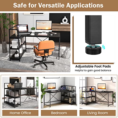 Tangkula Reversible L-Shaped Computer Desk, Space Saving Corner Desk with 3-Tier Storage Shelves & Metal Frame, Modern Executive Home Office Desk, PC Laptop Desk Workstation for Small Space (Black)