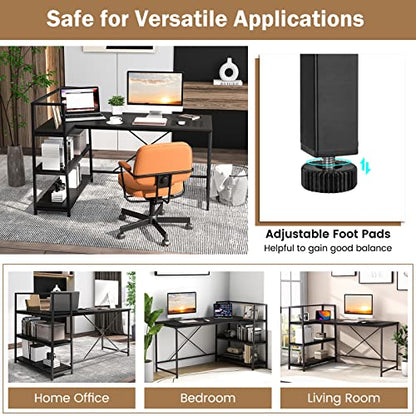 Tangkula Reversible L-Shaped Computer Desk, Space Saving Corner Desk with 3-Tier Storage Shelves & Metal Frame, Modern Executive Home Office Desk, PC Laptop Desk Workstation for Small Space (Black)