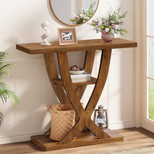 FAVOOSTY Entryway Table, 3 Tier Hallway Table, Console Tables for Living Room, Narrow Entrance Table with Storage, Sofa Table Behind Counch, Accent Table for Entry Foyer, Rustic Brown - color: Brown