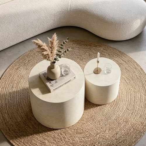 Round Nesting Coffee Table Set of 2 Living Room, No Assembly | Modern Wooden Center Tables, Tea Table for Apartment, Small Circle Accent End Table Set, Beige&White - color: A-beige&white